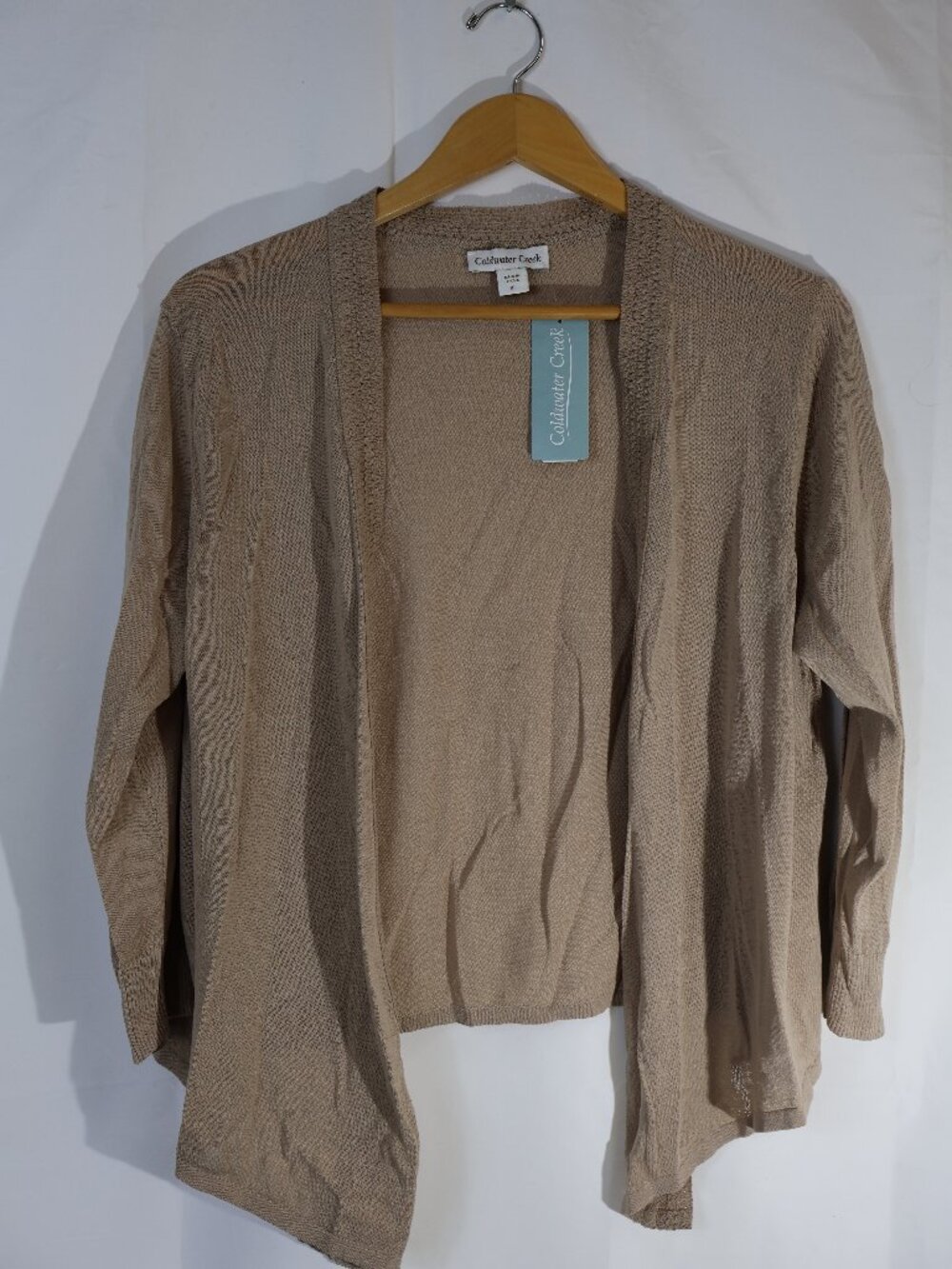 Coldwater Creek NWT Open Front Cardigan Sweater XL Tan Knit 3/4 Sleeve